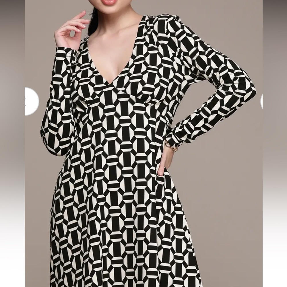 Mango V Neck Chain Print Retro Stretch A Line Dress Size 2